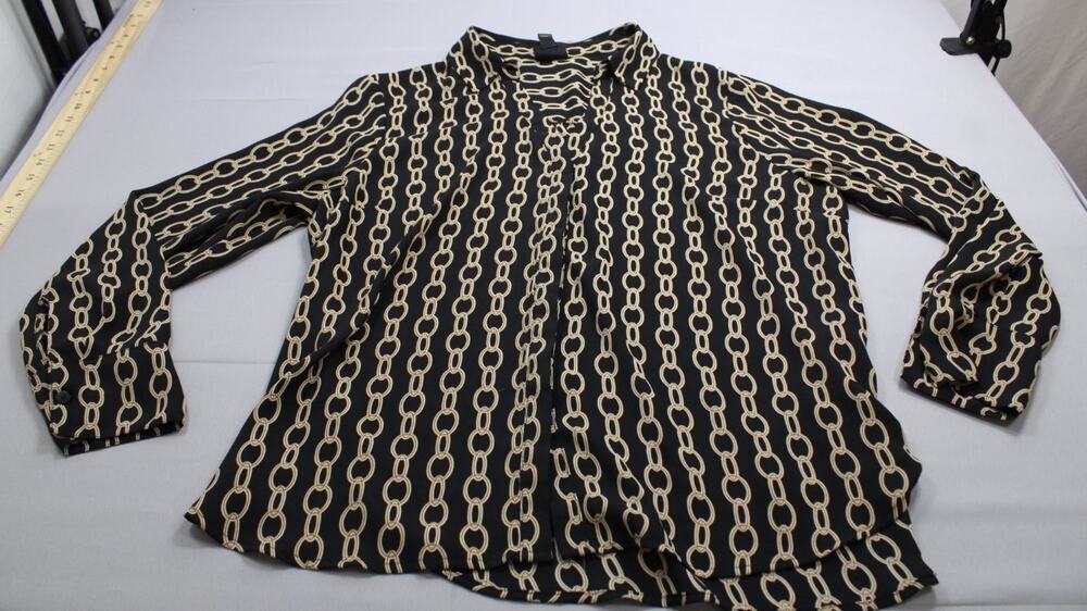 Worthington Blouse Womens Petite Large PL Black Tan Chain Link Long Sleeve Top